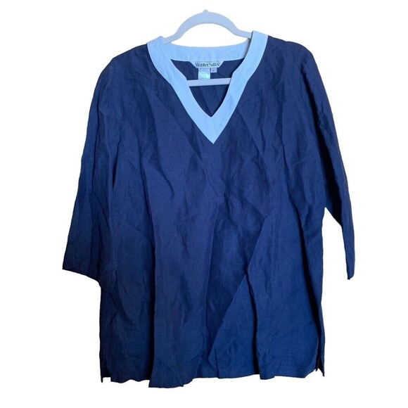 Wintersilks Womens Size Large Blue White Trim Silk Linen Blend Tunic Top Blouse - Picture 1 of 4